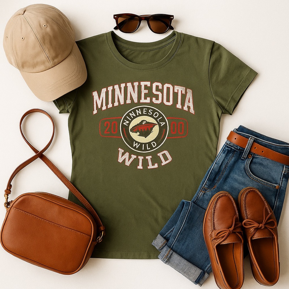 Minnesota Wild Short Sleeve Olive Green Graphic Logo Fitted Cotton Shirt
